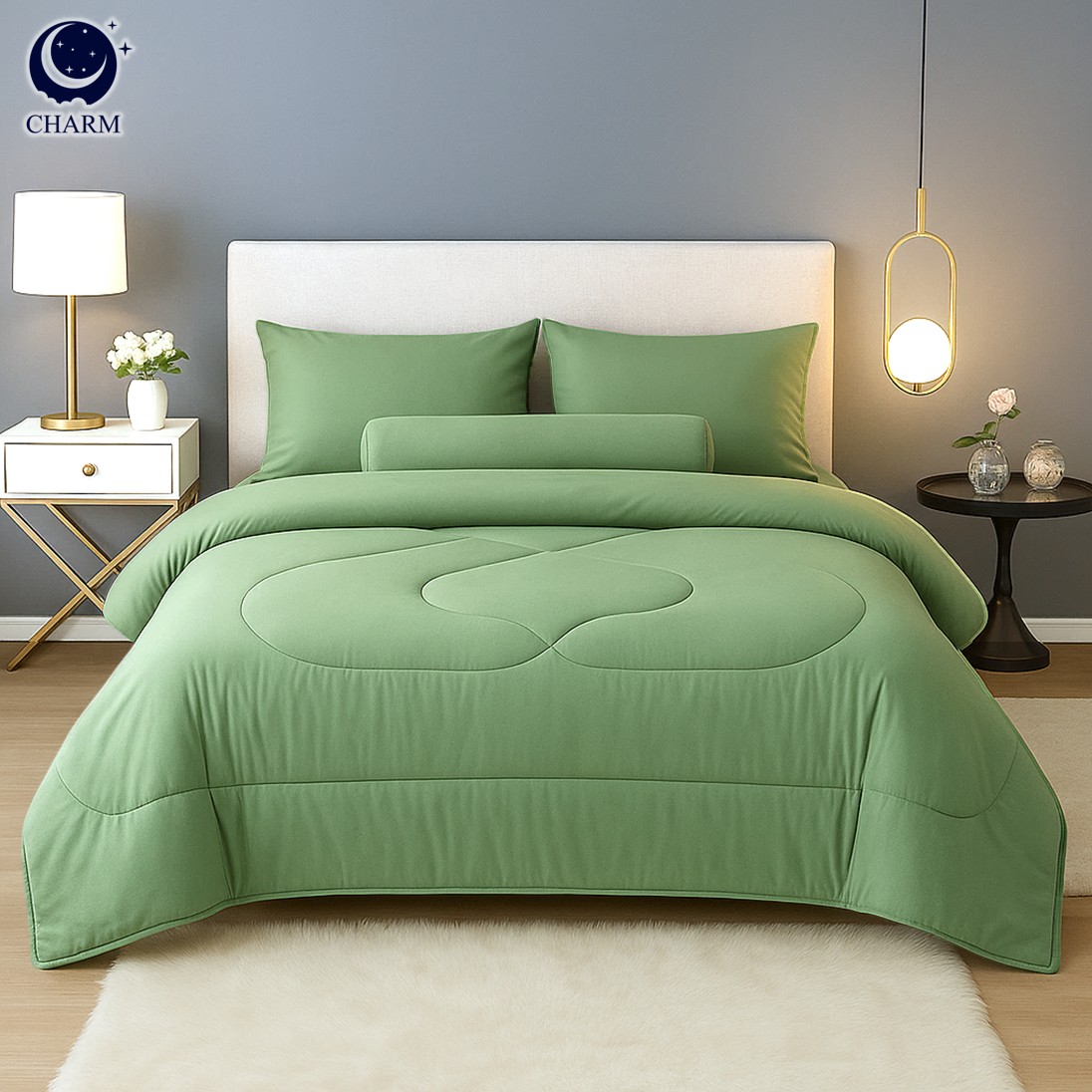 ชุดผ้าปูที่นอน 6 ฟุต 6 ชิ้น CHARM สี SAGE GREEN คอลเลคชั่น CLASSIC_7